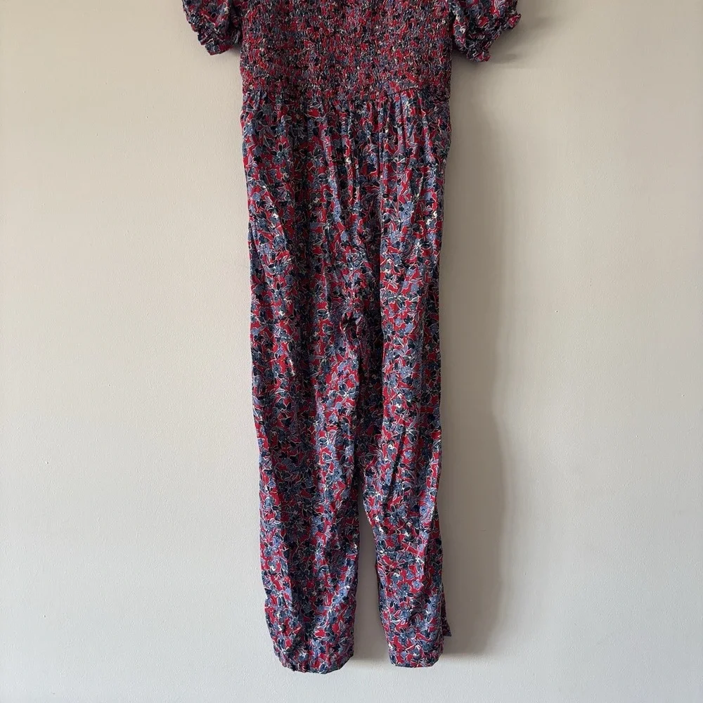 Crewcuts Girls 10 Red Blue Floral Jumpsuit Puff Sleeve Smocked Preppy‎ School